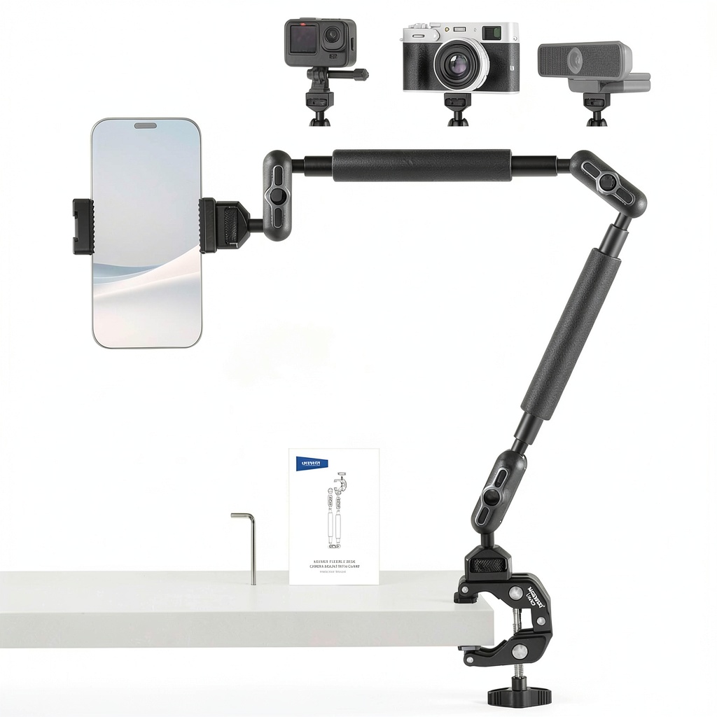 Neewer Magic Arm extended with camera mounted for overhead shooting