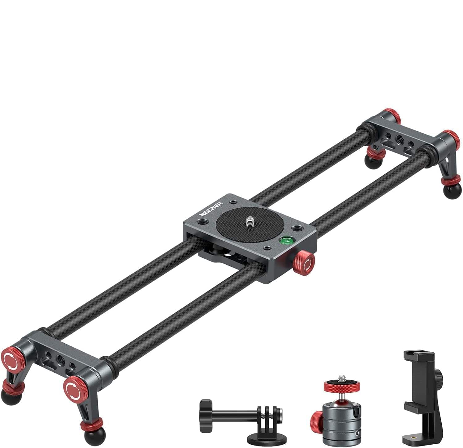 Neewer camera slider mounted on a tripod in an outdoor setting