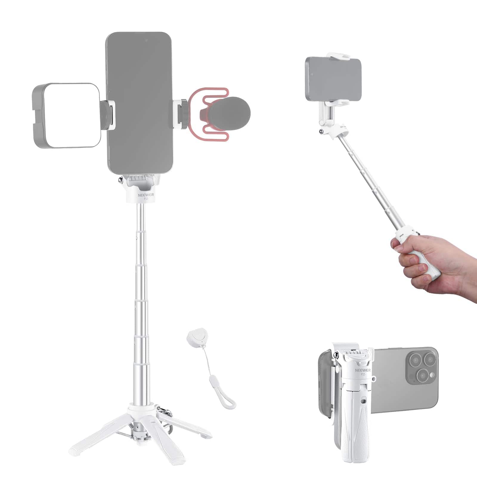 NEEWER P15 selfie stick tripod folded and unfolded on a table