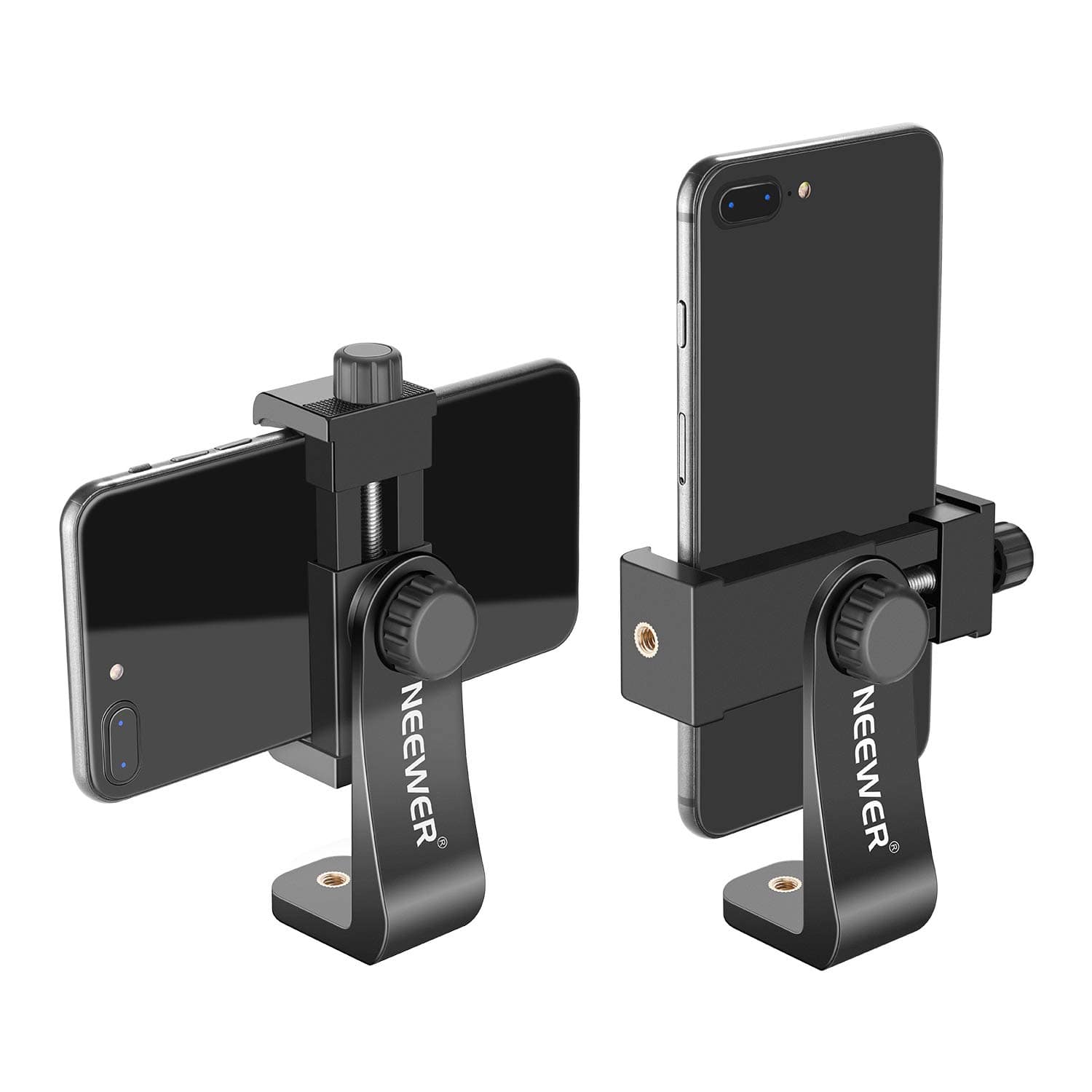 'Neewer Smartphone Holder attached to a tripod with a phone in landscape mode'